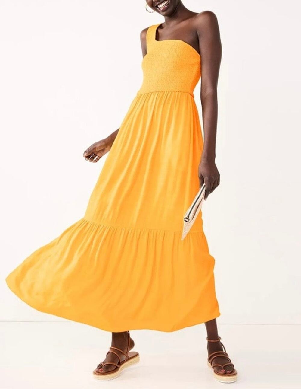 Nine West One‑Shoulder Yellow Smocked Maxi Dress SzL